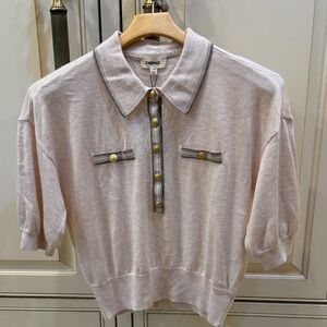 L’AGENCE ELEGANT BEIGE BUTTON UP SHORT SLEEVE SWEATER SIZE SMALL
